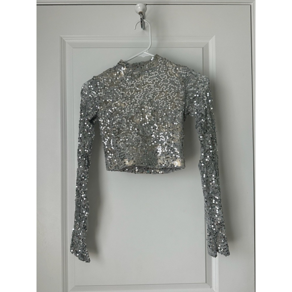 Weissman Silver Metallic Dance Costume Crop Top Size SA Long Sleeves Sequins